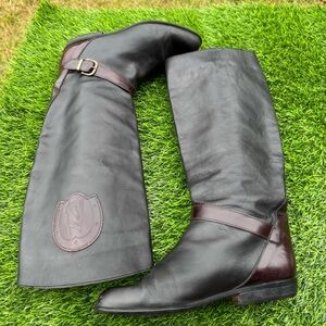 Vintage Italian Leather Equestrian Riding Boots Horse Emblem Tall Buckle  37 1/2